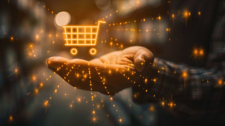Man's hand holding a shopping cart icon, symbolizing consumer society and shopaholism concept in online shopping, with home delivery service offersの素材