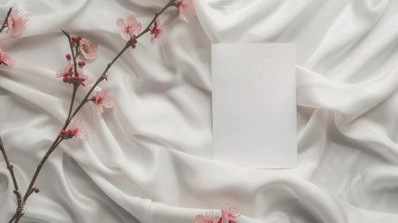 Pure and simple: White satin backdrop with pink flowers and a blank wedding invitation, creating a minimalistic and elegant sceneの素材