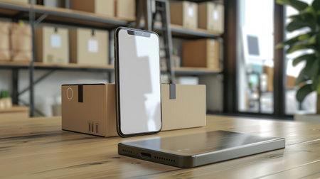 Smartphone with ecommerce app interface and parcel box for delivery, highlighting the ease and efficiency of online shopping and secure payment methodsの素材