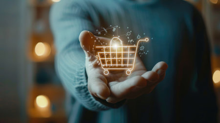 Connecting merchants and customers worldwide: Hand of a man with a shopping cart icon, emphasizing the convenience of online shopping and home delivery servicesの素材