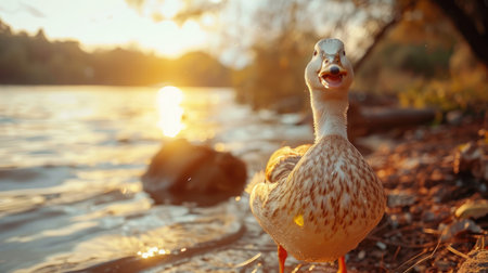 Smiling duck: A joyful duck standing by the water, its beak curved in a smile, captured in a serene, sunny settingの素材