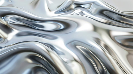 Sleek silver liquid chrome background with dynamic shiny metal waves, perfect for futuristic tech concepts.の素材