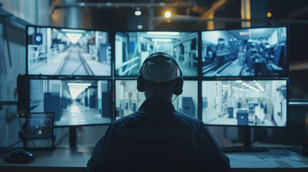 Vigilant security guard observing various live feeds from 5G surveillance cameras on multiple monitors, securing the manufacturing environmentの素材