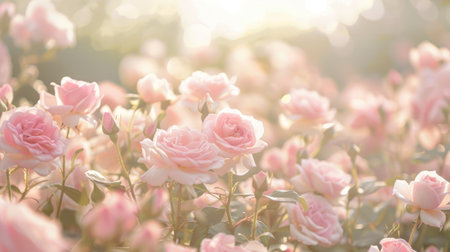 Pastel garden: A sea of light pink roses in full bloom with a blurred background, creating a serene and enchanting floral sceneの素材