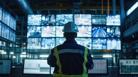 Detail shot of a security guard managing multiple 5G-enabled surveillance screens, monitoring the safety and security of a manufacturing siteの素材