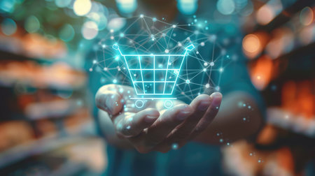 Man's hand holding a shopping cart icon, representing the integration of online shopping with global connectivity and home delivery service optionsの素材