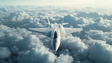 Supersonic journey: A sleek jetfighter flying at high speed above a sea of clouds, showcasing its advanced design and powerの素材