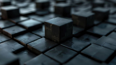 Intriguing 3D black squares in a surreal abstract setting, perfect for minimalist design inspirations.の素材