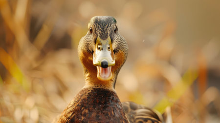 Happy duck: A close-up of a duck with a cheerful expression, appearing to smile, set against a natural outdoor backdropの素材