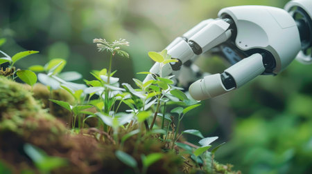 Environmental technology: Robot hand caring for tiny plants, highlighting the role of AI in advancing green initiatives and sustainable practicesの素材