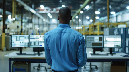 Focused security guard overseeing several monitors with live 5G surveillance camera feeds, safeguarding the manufacturing facilityの素材