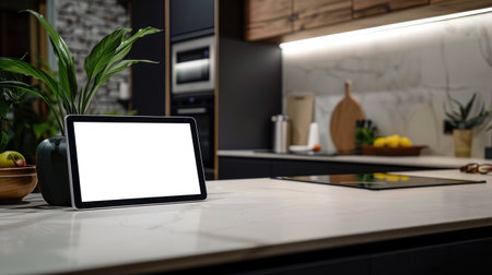 Modern kitchen with a blank tablet screenの素材