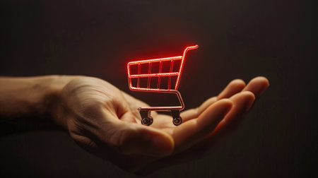 Man's hand holding a shopping cart icon, symbolizing consumer society and shopaholism concept in online shopping, with home delivery service offersの素材