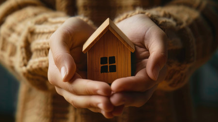 Close-up of hands tenderly holding a miniature house, symbolizing architecture, building, and real estate concept with care and investment in propertyの素材