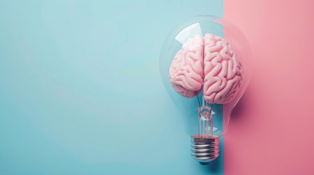 Brain inside a transparent light bulb on blue and pink pastel background, symbolizing brainstorming and creative ideas. Concept of knowledge with copy spaceの素材