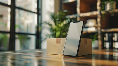 Smartphone displaying online shopping app with a parcel box for delivery, illustrating convenience in ecommerce and secure payment optionsの素材