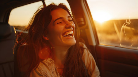 Cheerful young woman on a road trip, sitting comfortably in the back seat of a car, laughing and enjoying the journey with enthusiasm and delightの素材