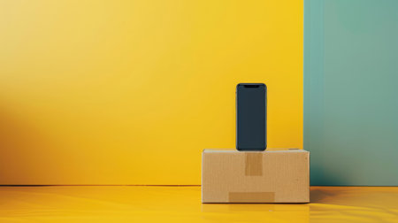 Conceptual image of online delivery service: smartphone with delivery app and parcel box, emphasizing convenience and efficiency in modern shopping experiencesの素材