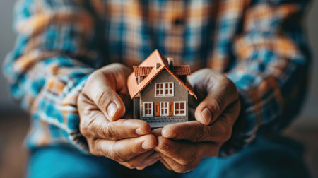 Closeup of hands holding a small house model, highlighting the essence of architecture, construction, and property ownership in a modern urban contextの素材