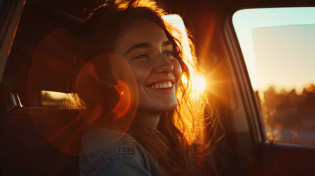 Young woman with a joyful expression, sitting in the backseat of a car during a road trip, savoring the moment and the adventure of traveling on the roadの素材