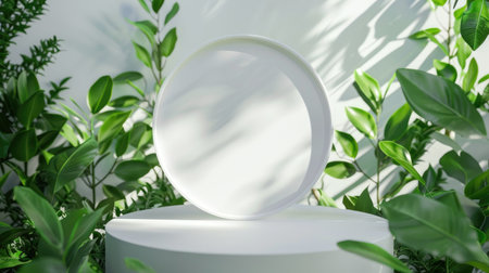 Elegant white round podium for organic cosmetic product displays, set within a nature-inspired frame of green leaves, trendy minimalist flat lay backgroundの素材