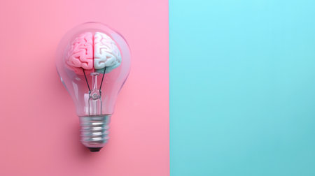 Creative concept of a brain inside a transparent light bulb on blue and pink pastel background, symbolizing brainstorming and inspiration. Ample copy space for text or designの素材