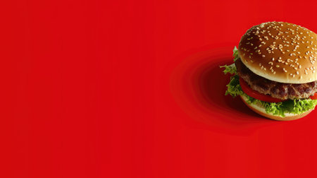Juicy burger on a vibrant red background, with ample space around for additional text or images.の素材