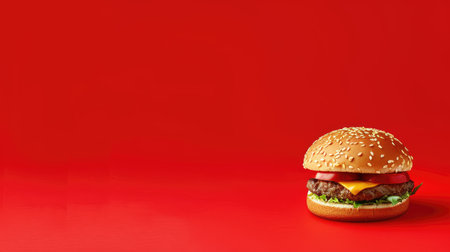 Juicy burger on a vibrant red background, with ample space around for additional text or images.の素材