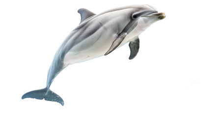 Graceful dolphin leaping in isolation against a clean white background, showcasing the agility and beauty of these marine creaturesの素材