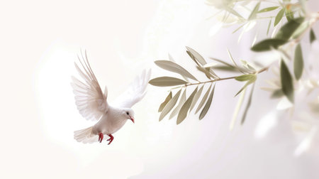 Graceful white dove in flight with an olive branch, offering a peaceful message against a white background with space for textの素材