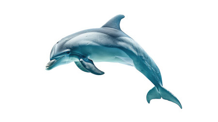 Beautiful dolphin swimming gracefully in isolation against a pure white background, symbolizing the peacefulness of the oceanの素材