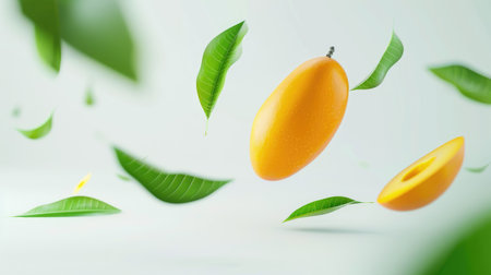Ripe mango suspended mid-air with green leaves against a pristine white backdrop, evoking a sense of tropical freshness and delightの素材