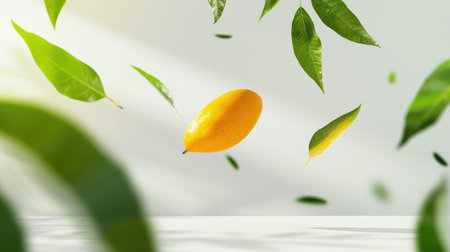 Mango magically floating in the air accompanied by lush green leaves, creating a whimsical scene against a clean white backgroundの素材