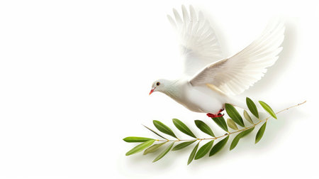 Elegant white dove flying with a green olive branch, symbolizing peace and hope, against a blank white background for textの素材