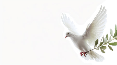 Majestic white dove carrying an olive branch, conveying a message of peace, with a blank white background for text placementの素材