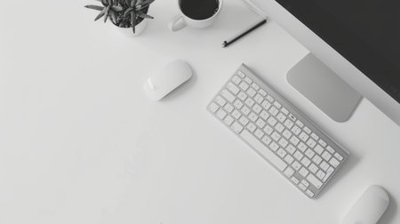 Minimalist workspace with a clean desktop, keyboard, and mouse, ready for text overlayの素材