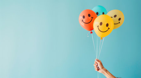 Colorful smiley face balloons held by a woman's hand against a light blue background, evoking happiness and optimism in a cheerful and playful atmosphereの素材