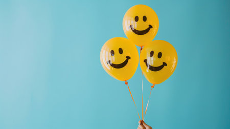 Yellow smiley face balloons in woman's hand against a light blue backdrop, expressing happiness and positivity with a cheerful and uplifting vibeの素材