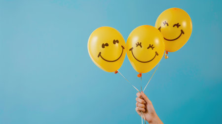 Close-up of woman's hand grasping bright yellow smiley face balloons on a soft blue backdrop, symbolizing joy and celebration with a cheerful smile conceptの素材