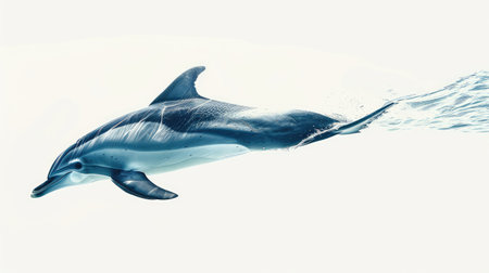 Tranquil dolphin gliding through the water against a white backdrop, inviting viewers to appreciate the serenity of marine lifeの素材