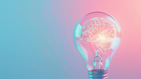 Abstract representation of brainstorming and creativity with a brain inside a transparent light bulb, against a soothing blue and pink pastel background. Copy space available for custom textの素材