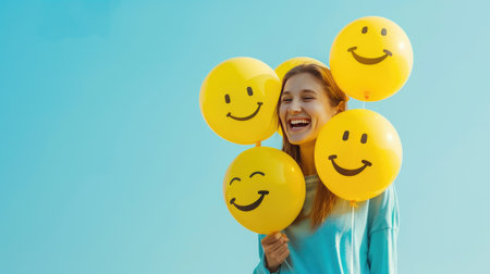 Woman holding a bunch of smiley face balloons in yellow on light blue background, embodying joy and happiness in a simple yet impactful conceptの素材