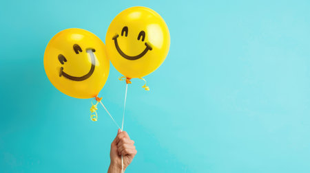 Woman's hand holding cheerful smiley face balloons against a light blue background, radiating happiness and positivity in vibrant yellow huesの素材