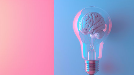 Brain in a transparent light bulb, set against a calming blue and pink pastel background, illustrating the idea of creativity and knowledge. Ideal for brainstorming conceptsの素材