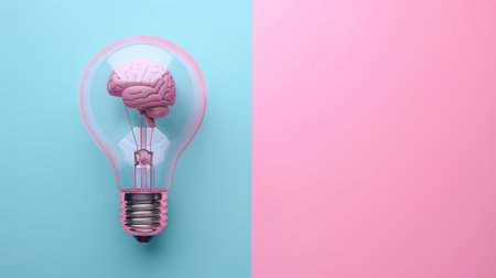 Creative concept of a brain inside a transparent light bulb on blue and pink pastel background, symbolizing brainstorming and inspiration. Ample copy space for text or designの素材