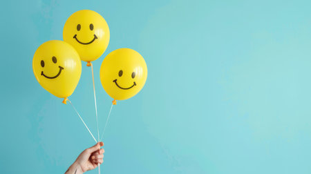 Woman's hand holding cheerful smiley face balloons against a light blue background, radiating happiness and positivity in vibrant yellow huesの素材