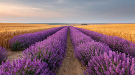 Explore the serene beauty of lavender fields set against golden wheat in a tranquil countryside landscape, creating a perfect harmonious scene at dusk.の素材