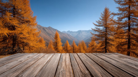 Experience a stunning mountain scene from a wooden terrace framed by glowing autumn trees, capturing the serene beauty and tranquility of nature in vibrant colors.の素材