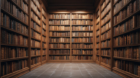 Discover a serene library filled with towering shelves of aged books, inviting readers into a cozy atmosphere. Perfect for evoking a love for literature.の素材