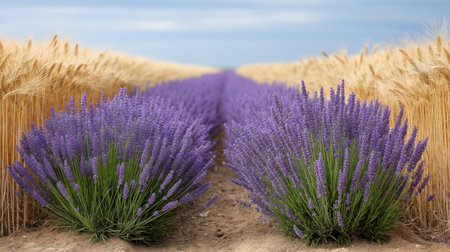 Experience a serene summer scene showcasing vibrant lavender fields bordered by golden wheat, perfectly capturing the beauty of countryside tranquility under a blue sky.の素材